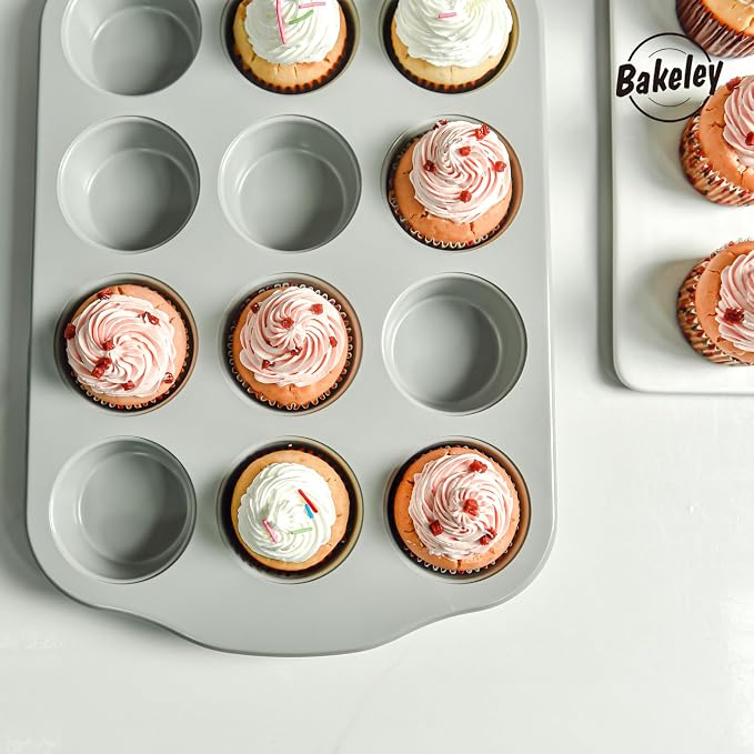12-Cavity Muffin Pan, Nonstick Ceramic Cupcake Pan, Heavy-Duty 0.6mm Aluminum, Easy-Release Bakeware for Home Bakers & Holiday Treats, Grey