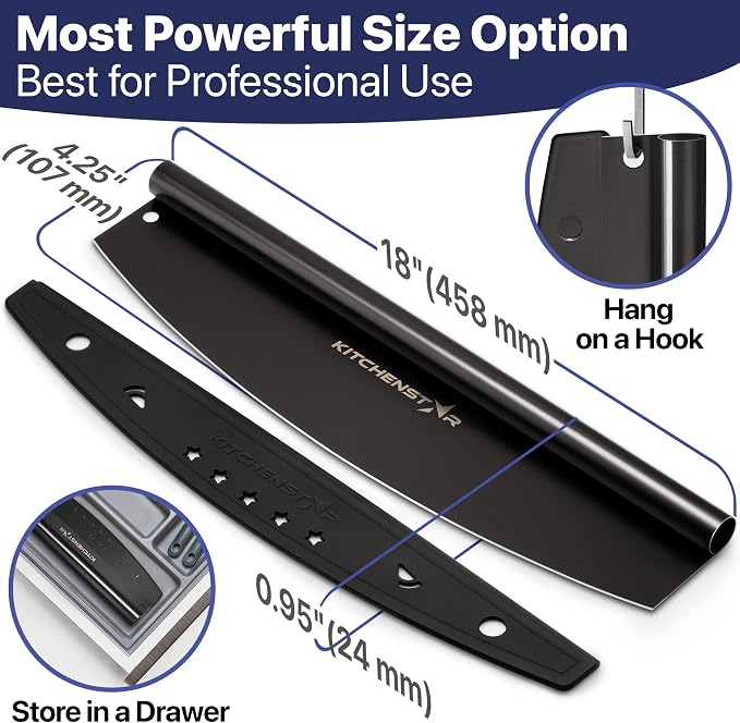 18-Inch Pizza Cutter Rocker Blade, 304 Stainless Steel Slicer Knife, Black | Protective cover included, one-piece design, food-grade stainless steel, suitable for extra large pizzas