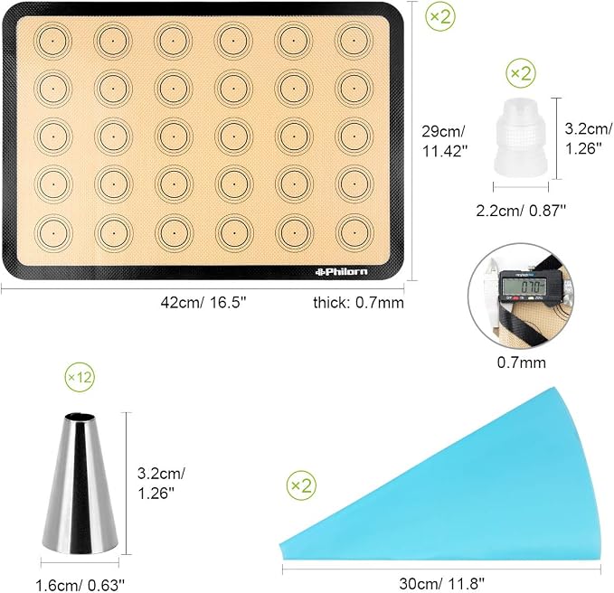 Philorn Silicone Baking Mat Set, 16.5" x 11.42" Macaron Mat | 2 Pack Non-Stick Macaron Baking Mats With Tools, Food Safe, Reusable for Oven, Cookie, Bread