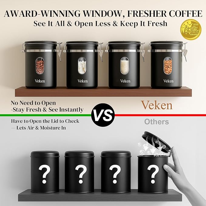 Veken Coffee Canister with Window, 39OZ Large Airtight Stainless Steel Jars | Kitchen Food Storage Pantry Container for 2.2lbs Beans,Ground,Espresso,Rice,Tea,Sugar,Bar Accessories,Gifts,Lids, Scoop,Black