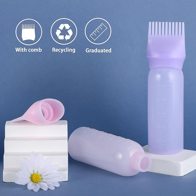 Pimoys 6Oz Root Comb Hair Dye Oil Applicator Bottles for Scalp, Purple | Plastic Squeeze Bottle Dispenser with Graduated Scale, Comb Tip Applicator For Hair Coloring Scalp Oiling, Home Salon Use