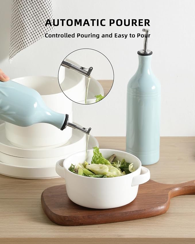 Sweejar Large Ceramic Olive Oil Dispenser Bottle, 24 Oz Relief Opaque Oil Cruet Protects Oil To Reduce Oxidation, Storage Vinegar, Soy Sauce, Coffee Syrup, Liquids, Set of 1(Light Blue)