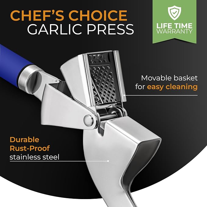 ORBLUE Garlic Press and Peeler Set, Stainless Steel - Professional Grade Mincer, Crusher - Dishwasher Safe & Rust-proof, Blue