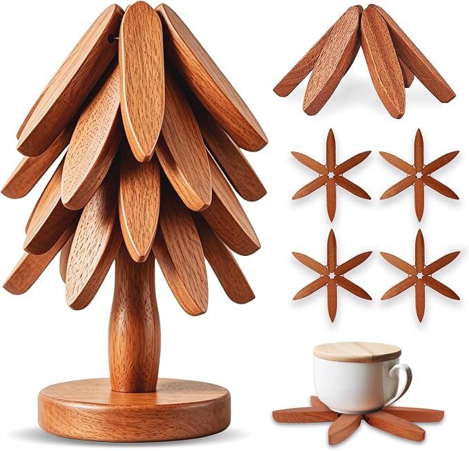 Wooden Tree Trivet Set - 4 Heat-Resistant Sapele Wood Trivets with Stand for Hot Pots and Pans, Kitchen Countertop Protection, Christmas Tree Design Wooden Pot Holders