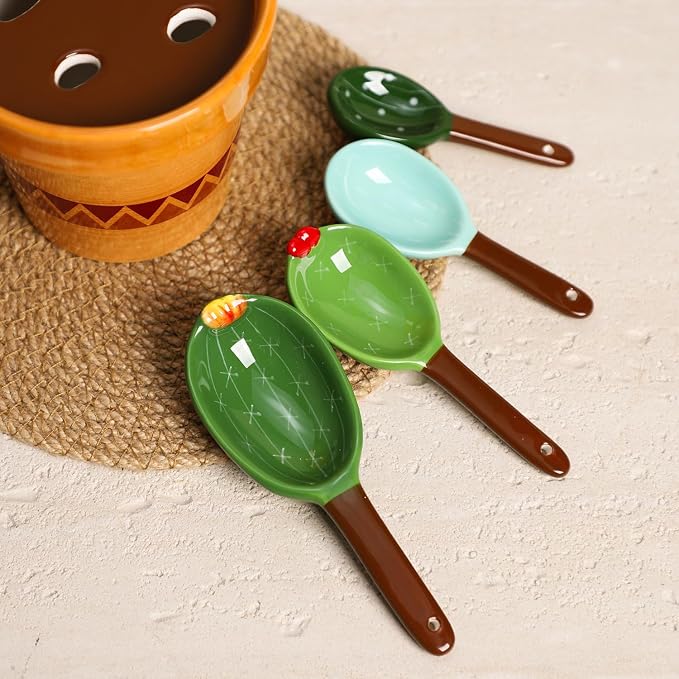 Sizikato 4pcs Porcelain Measuring Spoons with Base, Cute Cactus Shape