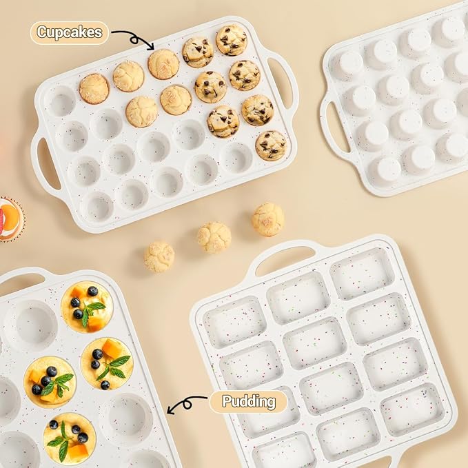 CAKETIME Metal Reinforced Bakeware Set, Silicone Muffin Pans for Baking Nonstick with Handle,12 & 24 Cup Muffin Pans and 12-Cup Mini Loaf Pan, BPA Free