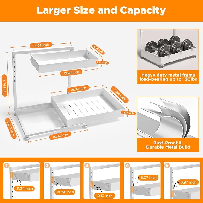 TATAANTY Under Sink Organizer, L-Shaped Metal 2-Tier Double Pull-Out Drawer for Kitchen & Bathroom Cabinets, Adjustable Height Storage - 50lbs Heavy Duty Waterproof 2PCS Height Adjustable