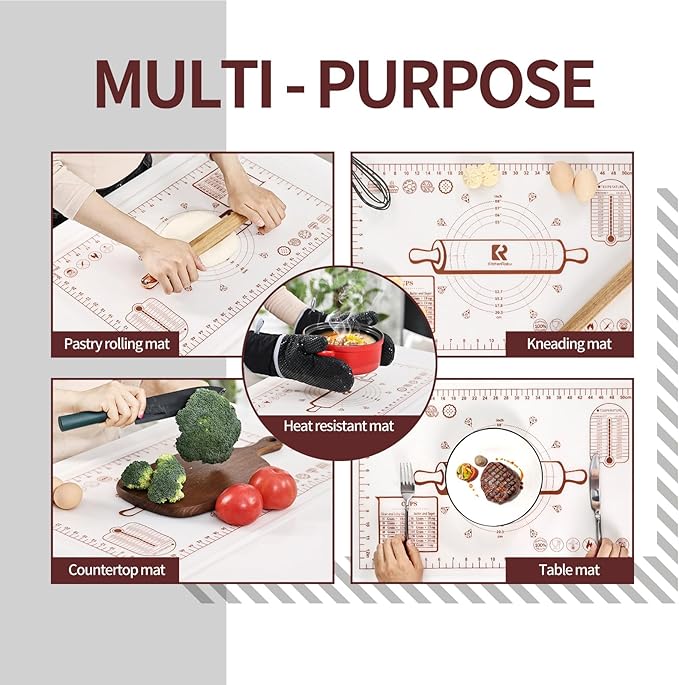 Silicone Baking Mat 16"L x 24"W, Extra Thick Dough Rolling Pad with Measurements and Edge Heightening, Non-stick Food Grade Silicone Pastry Mat for Pastry, Bread, Cookies (Transparent)