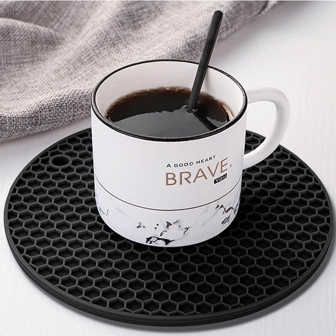Silicone Non-Slip, Heat Resistant & Water-Trapping Trivet Mats for Water Glasses & Teacup & Coffee Cup & Dishes & Cookware, Multipurpose Kitchen Table Coaster, 5.5-Inch, Black