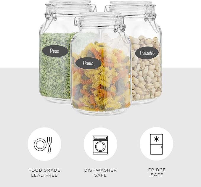JoyJolt Airtight Glass Jars with Lids Set of 3. 50oz Glass Jar with Lid and 6 Silicone Seals! Med Glass Food Storage Containers. Square Mason Jar, Flour Jar, Candy or Cookie Jars for Kitchen Counter
