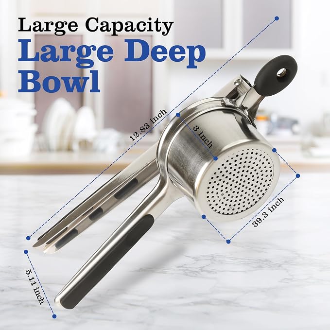 Mindful Design Large 15oz Potato Ricer, Heavy Duty Stainless Steel Potato Masher and Ricer Kitchen Tool, Press and Mash Kitchen Gadget For Perfect Mashed Potatoes Every time