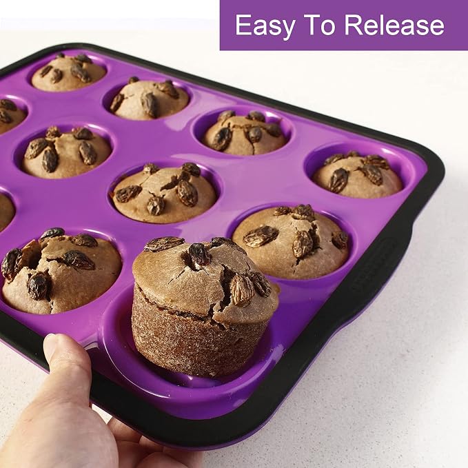 Aichoof Non-Stick Silicone Muffin Pan With Reinforced Stainless Steel Frame Inside,12 Cup Regular Muffin Baking Mold, 12 Cup Muffin Tin, BPA Free,Dishwasher Safe, Purple