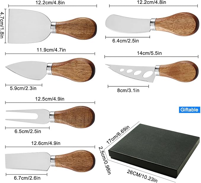 6-Piece Exquisite Cheese Knife Set, Cheese Knives Cheese Board Charcuterie Knife Cheese Tools, Wooden Handle Stainless Steel Slicer Gift Set