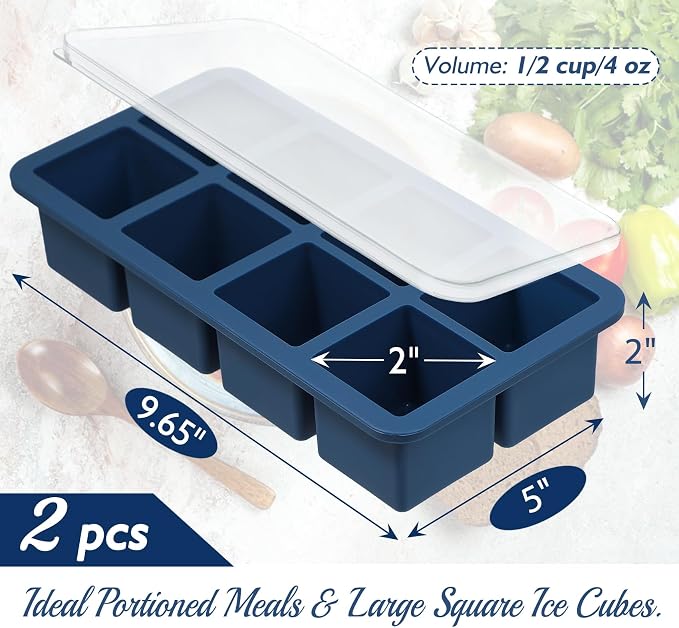 Webake 1/2 Cup Silicone Freezer Tray with Lids, 8-Grid Square Ice Cube Mold, Ideal for Prep & Portion, Large Ice Cube, Storage Soup, Snack, Broth, Leftovers, Pack of 2