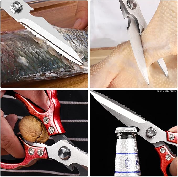 AWinjoy Heavy Duty Sharp Kitchen Scissors, Dishwasher Safe, Cooking Shears for Meat, Chicken, Fish, Poultry, Herb, Bread (Red)