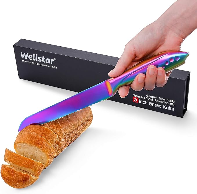 WELLSTAR Bread Knife 8 Inch, Serrated Bread Cutter, Ultra Sharp German Stainless Steel Blade and Comfortable Handle with Rainbow Titanium Coated for Slicing Breads Loaves Bagel Cake and Large Fruit