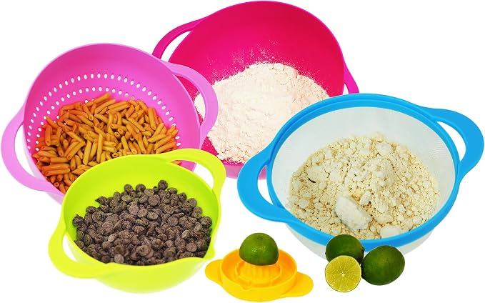 Southern Homewares 5-Piece Nesting Mixing Bowl Set with Colander, Sieve, Measuring Cup, and Juicer – Stackable Multi-Color Kitchen Set