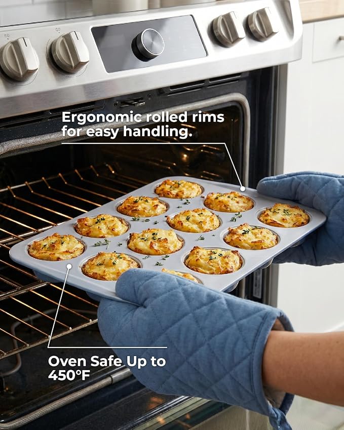 CARTMAN Ceramic Muffin Pan 12 Cup with 200 Cupcake Liners, Non-Stick & Non-Toxic Baking Tin for Healthy Muffins and Cupcakes, Perfect for Home Kitchens and Parties