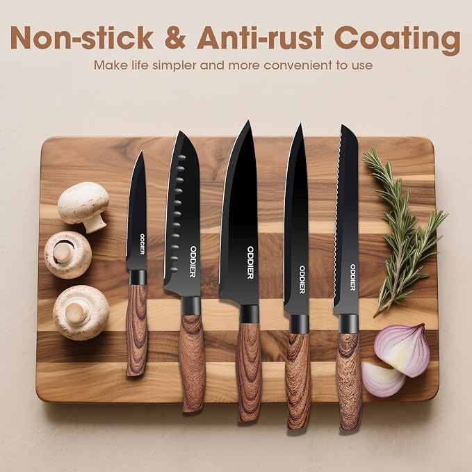 Knife Set, 8 Piece Kitchen Knife Set, Stainless Steel Knives Set for Kitchen, Universal Knife Block Set, Kitchen Kinfe Essentials, New Home Apartment Essentials, Dishwasher Safe (Black Wood-Grain)