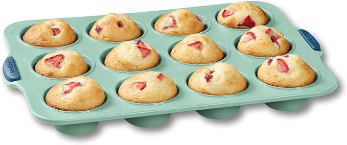 Starfrit Silicone Bakeware 12 Muffin Pan with Integrated Metal Frame - Premium Silicone BPA-Free - Heat Resistant - Ergonomic Handles - Easy Release - Oven & Dishwasher Safe - Green