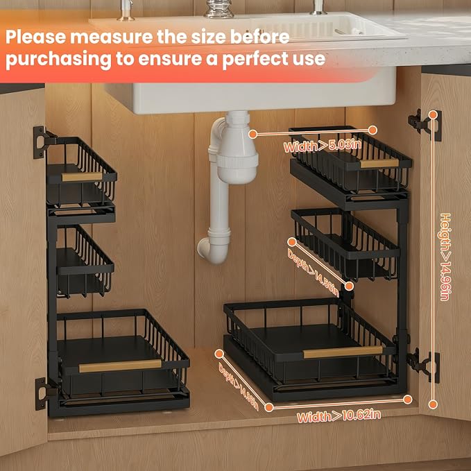 Under Sink Organizer and Storage for Bathroom and Kitchen - 2 Pack 3 Tier | Under Cabinet Pull Out Shelf Organizers - Slide Out Drawer Organization for Home Cabinets Shelves and Drawers