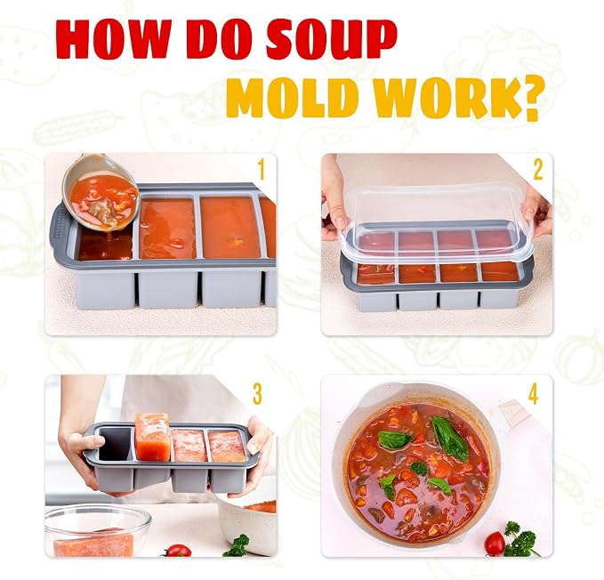 Extra Large Silicone Cube Freezing Trays with Lid - 1 Cup Portions, Makes Four Great Soup, Broth, Sauce or Butter Trays - 2 Pack, Grey