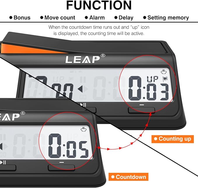 LEAP Chess Clock Digital Chess Timer Advanced for Board Game and Chess Timer with Bonus & Delay Count Down up Alarm Black/Orange