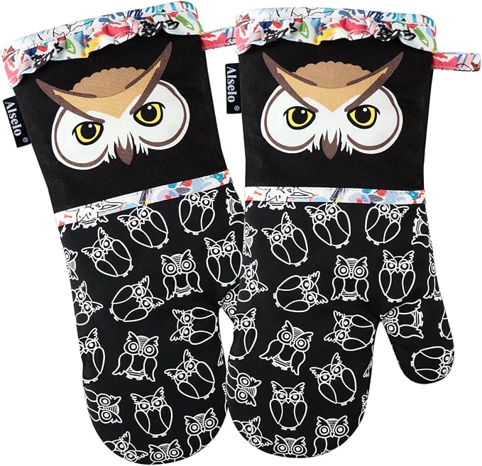 Alselo Oven Mitts, Heat Resistant with Soft Quilted Cotton Lining Set of 2, Fashion Animal Design with Silicone Printing Anti-Slip Kitchen Gloves for Safe Backing Cooking Barbecue（Black 2）