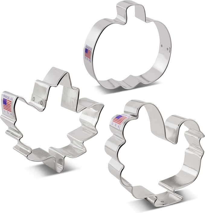 Ann Clark Thanksgiving and Fall Holiday Cookie Cutters 3-Pc. Set (Maple Leaf, Turkey, Pumpkin) Made in USA