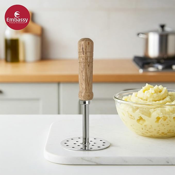Embassy Stainless Steel Vegetable/Potato/Pav Bhaji Masher with Wooden Handle Size 3 Pack of 1 8.5 cms