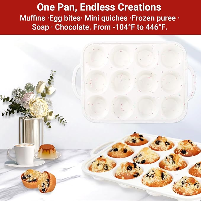 Redfly Silicone Muffin Pans for Baking 12 Cup with Metal Reinforced Frame, Nonstick 2Pack Regular Size Cupcake Pan, BPA Free Food Grade, Easy Release, Dishwasher Oven Freezer Safe for Egg Bite Molds