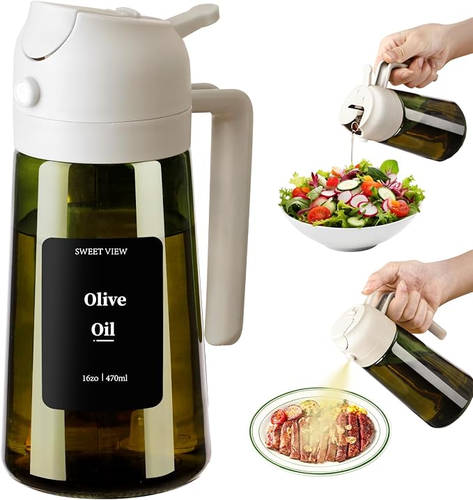 SWEET VIEW Olive Oil Dispenser and Oil Sprayer 16oz/470ml | Glass Light-Proof Oil Pourer for Kitchen with Stickers for Air Fryer, Cooking, Salad, and BBQ