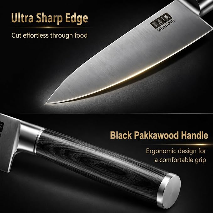 MDHAND Chef Knife, 8 Inch High Carbon Stainless Steel Japanese Kitchen Knife with Black Pakkawood Handle, Ultra Sharp Cooking Knife for Meat Vegetable Cutting, Home & Restaurant, Chef Gifts