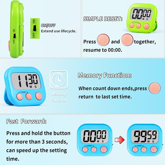 Timer for Kids Teachers Digital Kitchen Timers for Cooking Large Magnetic Classroom Timer 24Pack-Blue Green