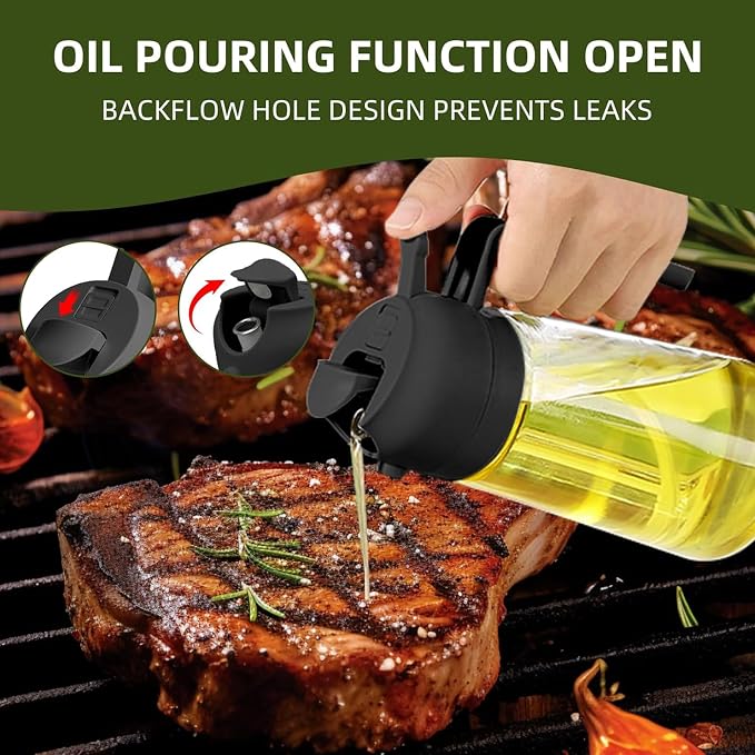 2-in-1 Oil Spray Bottle & Dispenser - 470ml Olive Oil Sprayer for Misting and Pouring, Leak-Proof Kitchen Gadget for Healthy Cooking, Air Frying, BBQ & Baking, 2 Pack Black