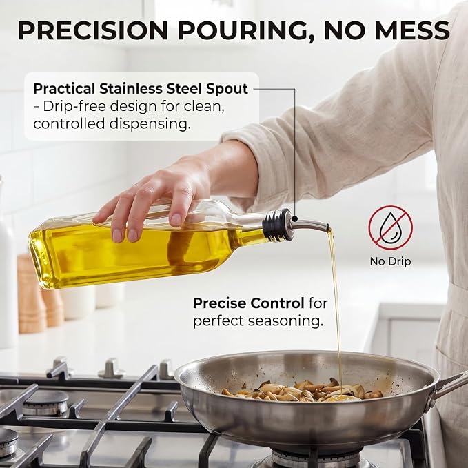 Olive Oil Dispenser Bottle - 500ml Glass Oil and Vinegar Bottles Set for Kitchen with 2 Stainless Steel Pourers, Funnel, Brush and 2 Labels, Kitchen Oil Bottles with Drip-Free Design