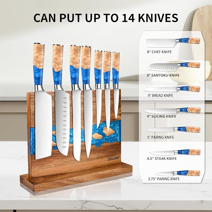Magnetic Knife Block,Acacia Wood And Resin Kitchen Magnetic Knife Holder，Equipped with strong magnets,Multifunctional Double Side Knife Storage Organizer for Kitchen Counter ，Gifts for new home
