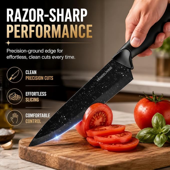 Knife Set, 14-Piece Starry Black Dishwasher Safe Kitchen Knife Block Set with Built-In Sharpener, German High Carbon Stainless Steel Blades, Ultra Sharp with Ergonomic Non-Slip Handles