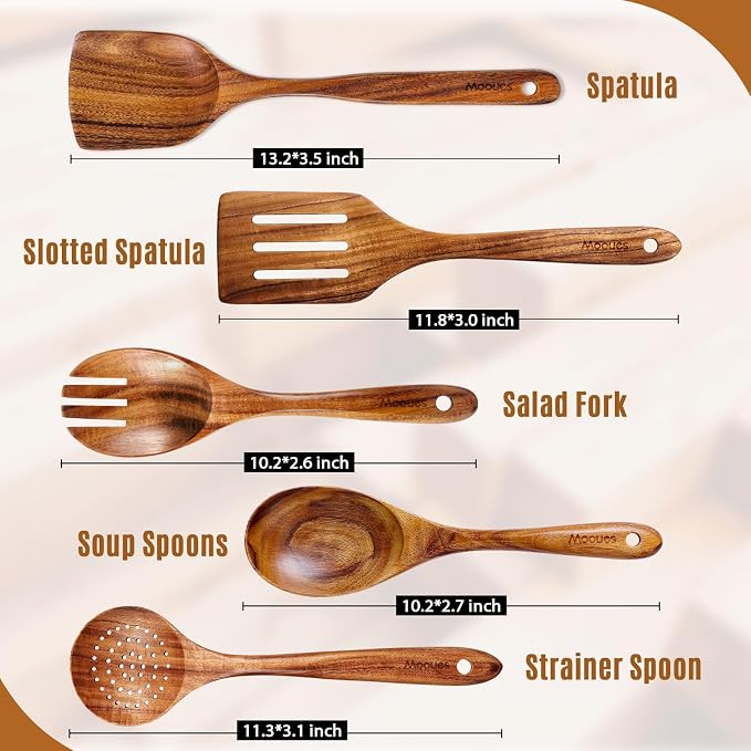 Wooden Spoons for Cooking, Wooden Utensils for Cooking Natural Teak Wooden Kitchen Utensils Set Comfort Grip(5 PCS SET)