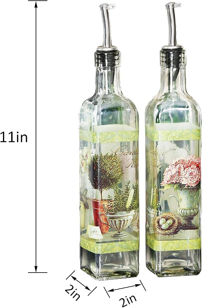 CEDAR HOME Olive Oil Bottle Set Glass Dispenser Vinegar Cruet 17oz. with Stainless Steel Leak Proof Pourer Spout for Cooking or Salad Dressing, 2 Pack, Green