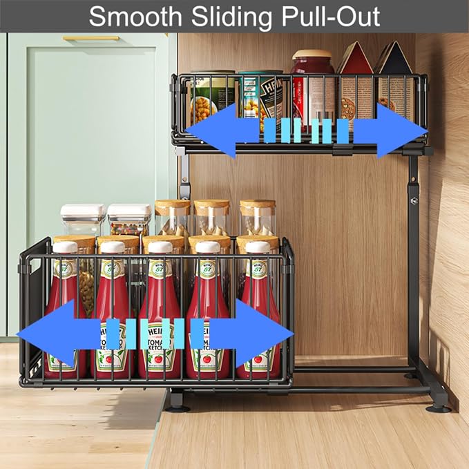 Under Sink Organizer, 2-Tier Multi-Use Kitchen and Bathroom Organizers and Storage, Slide Out Thickened Metal Under The Sink Organizer for Kitchen Bathroom Pantry (Style B Black, 1 Pack)