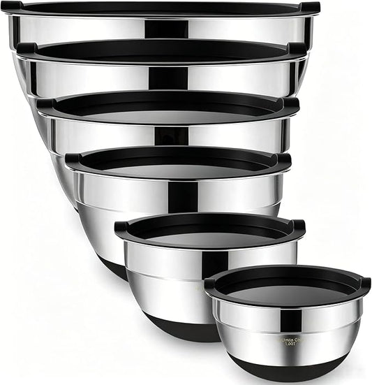 Umite Chef Mixing Bowls with Airtight Lids，6 piece Stainless Steel Metal Nesting Storage Bowls, Non-Slip Bottoms Size 7, 3.5, 2.5, 2.0,1.5, 1QT, Great for Mixing & Serving(Black)