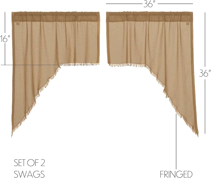 VHC Brands Tobacco Cloth Fringed Farmhouse Decor Kitchen Swag Prairie Panels Door Window Tier Set Curtains for Kitchen Bedroom Bathroom Living Room Dining (Khaki, Classic Swag Set)