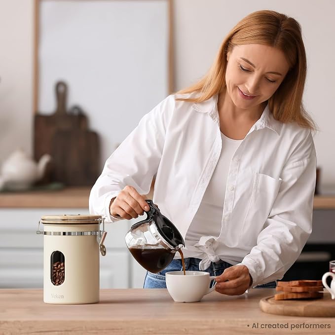 Veken Coffee Canister with Window, Airtight Stainless Steel Container, 22OZ | Gifts For Women, Kitchen Food Storage for Beans,Ground,Espresso,Rice,Tea, Sugar, Cereal, Lids,Jars, Scoop, Cream