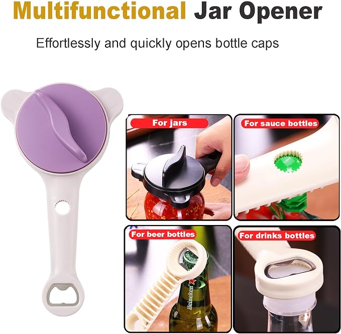 4-in-1 Multi-Functional Retractable Jar & Bottle Opener, Adjustable Stainless Steel Jar Opener for Seniors & Arthritis Sufferers,Suitable for 1''-3.5'' Jars, Bottles, Cans,Beer Caps (Purple)