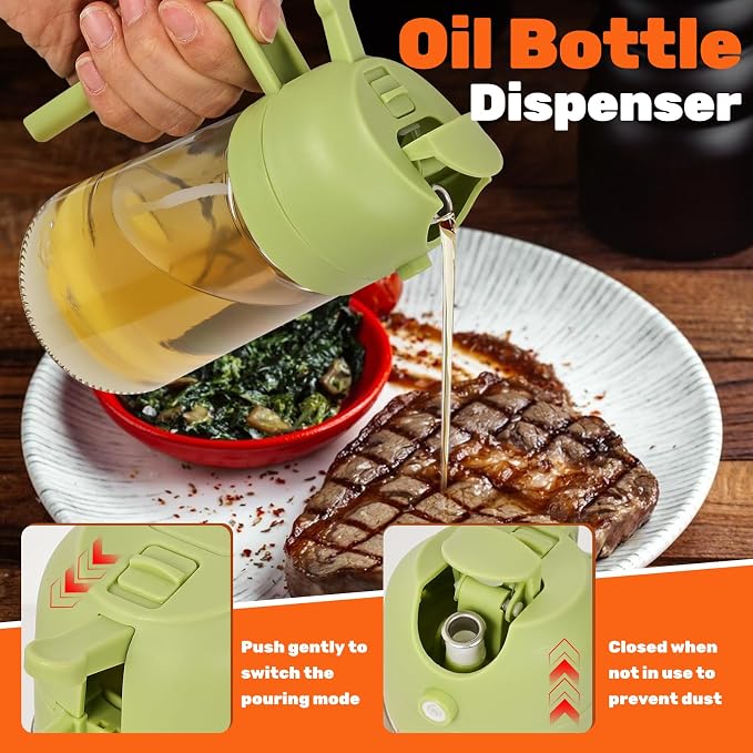 CJT 2 Pack Oil Dispenser Bottle for Kitchen, 2 in 1 Olive Oil Sprayer,16.5OZ/470ML Glass Oil Spray Bottle with Premium Nozzle for Cooking,Barbecue, Air Fryer, Salad(GREEN/WHITE)