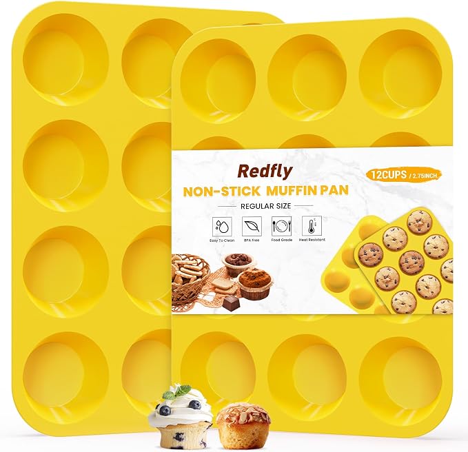Redfly 2 Pack Silicone Muffin Pans for Baking & Cupcake Pan - 12 Cup Regular Size Silicone Molds, BPA Free Egg Bites Mold,Yellow