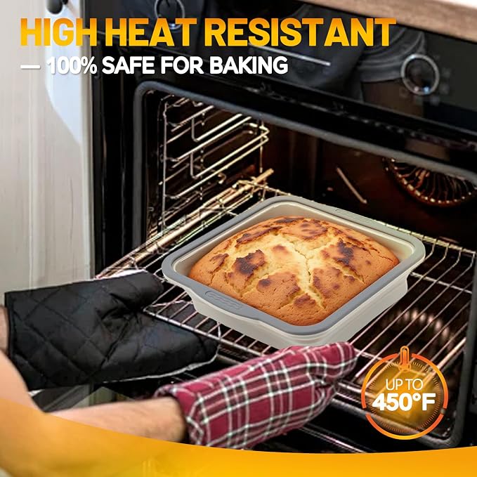 7x7 Silicone Square Cake Pan with Metal Reinforced Edge, Nonstick Brownie Baking Pan, BPA Free, Oven Safe Flexible Silicone Mold, Suitable for Making Cakes, Brownies, Bread, Pie, Lasagna