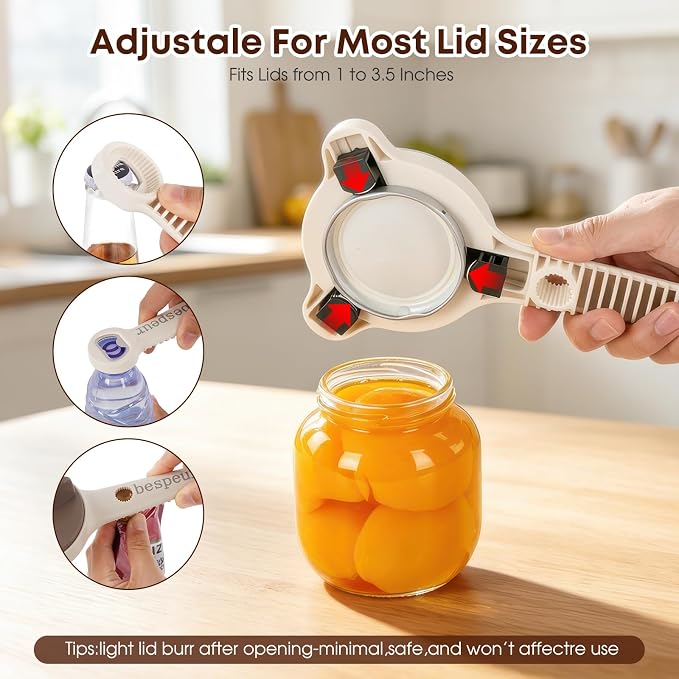 4-in 1 Adjustable Jar Opener for Seniors, Arthritis & Weak Hands, Stainless Steel Lid Opener for Jars, Bottles & Corkscrews, Easy Grip Kitchen Tool for Pickle Mason Jars