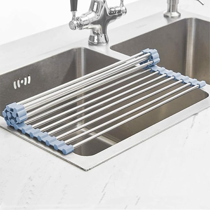Over The Sink Dish Drying Rack, Roll Up Dish Drying Rack Kitchen Dishes Rack Stainless Steel Sink Drying Racks, Foldable Dishes Drainer, Gray (17.5''x15.7'')